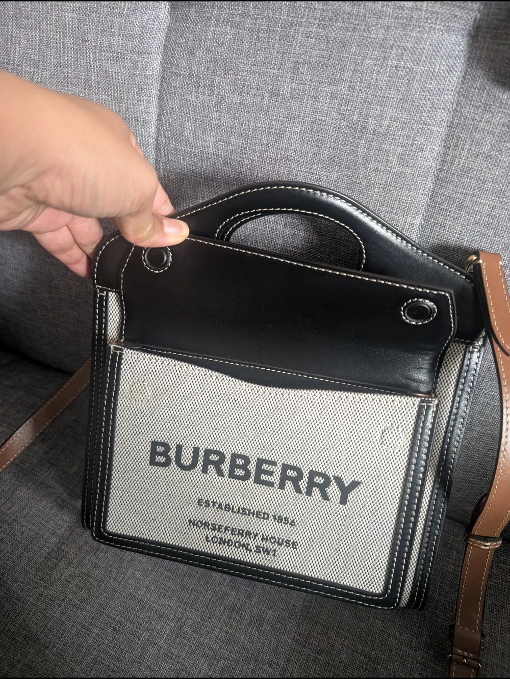 Burberry Black & White Canvas Tote Bag with Top Handle
